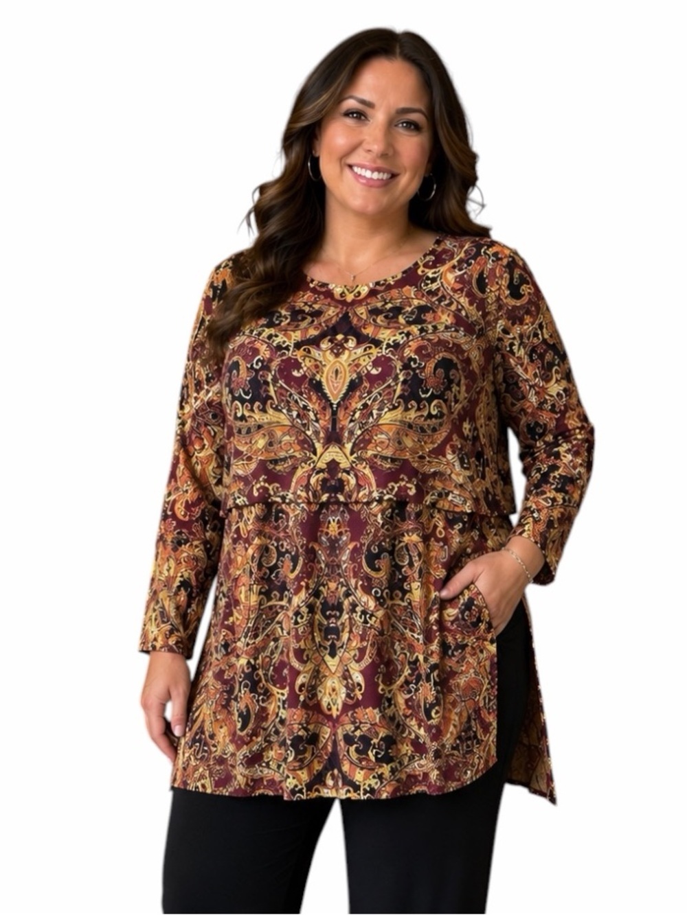 J Jill XL Petite Mixed Paisley Print Long Length Tunic Boho Casual Modest